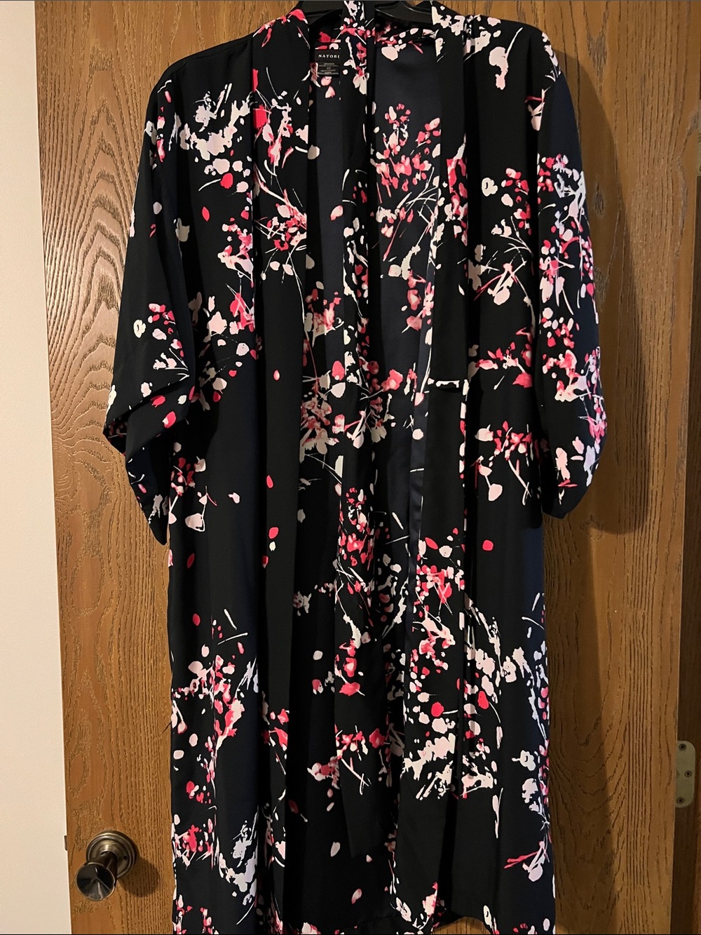 Natori Black Floral Print Kimono with Pink and White Accents